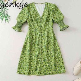 Green Floral Print Women Short Sleeve V Neck Slim A-line Mini Elegant Lady Party Summer Dress vestidos DJF9102 210515