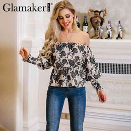 Glamaker Off shoulder women blouse shirt Ruffle vintage black flower print ladies blouses Streetwear backless long sleeve blouse 210412