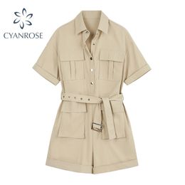 Summer Streetwear Short Sleeve Jumpsuit Women Safari Style Solid With Belt Playsuits Lady Casual Buttons Cargo Overalls 210515