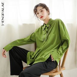 Green Shirt Women's Autumn Lapel Collar Clip Long Sleeve Large Size Versatile Fashion Female Blouse 5A812 210427