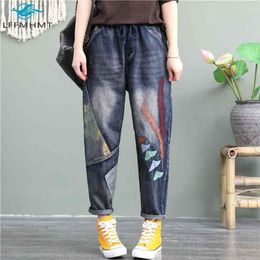 Women Spring Autumn Fashion Loose Casual Denim Jeans Office Lady Elastic Waist Embroidered Harem Pants Female Baggy Trouser 210809