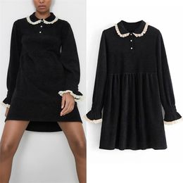 Chenille Black Mini Dress Women Winter Fashion Lace Trim Ruffle Long Sleeve Knitted Woman Vintage es 210519