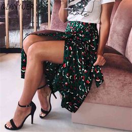 Women's Skirts Vintage Leopard Print Long High Waist Midi Bowknot Summer Ladies Green Beach Party Sexy Split Wrap Skirt 210412