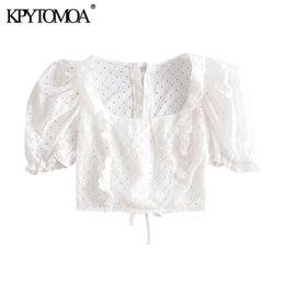 Women Fashion Cutwork Embroidery Ruffles Cropped Blouses Puff Sleeve Back Lace-up Female Shirts Chic Tops 210420