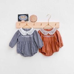 Baby Girl Embroidery Romper Korean Style born Plaid Rompers Toddler Girls Long Sleeve Bodysuit Infant Onesie 210615