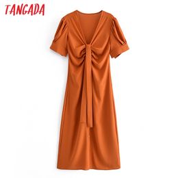 Summer Women French Style Orange Puff Short Sleeve Office Ladies Midi Dress Vestidos 3W57 210416