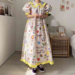 Women Cartoon Print Pleated Ruffles Dress Lapel Short Puff Sleeve Loose Fashion Casual Spring Summer 16F0752 210510