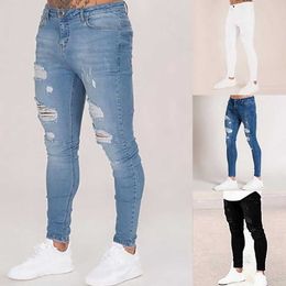 Puimentiua Mens Solid Colour Jeans Fashion Slim Pencil Pants Sexy Casual Hole Ripped Design Streetwear 211009