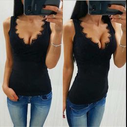 Hot Fashion Ladies Vest SleevelTops Lace V Neck Sexy Shirt Casual Tank Tops T-Shirt For Women X0507