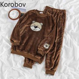 Korobov Japanese Kawaii Women 2 Pieces Sets Korean O Neck Long Sleeve Cartoon Tops and Pants Suits Female Velvet Outfits 210430