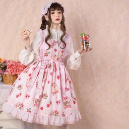 Casual Dresses Japanese Sweet Lolita Strawberry Women Dress Pattern Loose Suspender Fluffy Cute JK Uniform Cosplay Custom