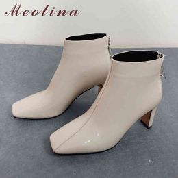 Meotina Ankle Boots Women Shoes Square Toe Chunky Heels Short Boots Zip High Heel Lady Boots Autumn Winter Black White Size 43 210520