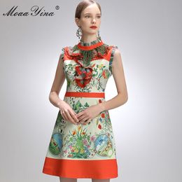 Fashion Designer Dress Summer Women's dress Sleeveless Beaded Ruffles Vintage Floral-Print Short Dresses 210524
