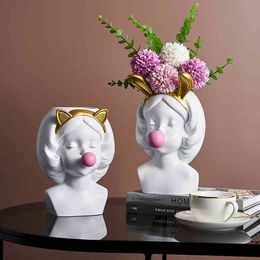 Nordic style white resin vase cute girl blowing bubbles decorative head carving flower vases modern home decoration pen holder 210409