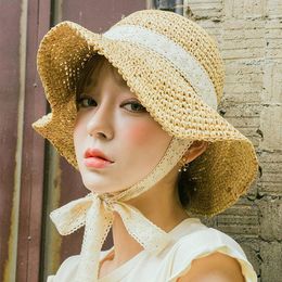 INS Fashion Knitting Straw Hat Summer Beach Sunscreen Cap Outdoor Vacation Casual Caps Lace Bandage Wide Brim Hats