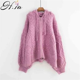 Winter Fashion Women Hooded Cardigans Twisted Pink Knitted Sweater Ponchoes Oversized Coat Female Zipper 210430