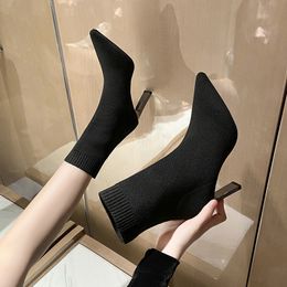2022 New Autumn and Winter High Heel Womens Shoes Pointed Toe Stiletto Boots Black Stretch Thin Socks Boots Marti Boots Sexy