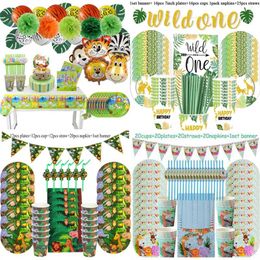 Jungle Safari Birthday Party Decoration Disposable Tableware Set Jungle Animal Dinosaur Party 1st Birthday Boy Baby Shower Favour 211216