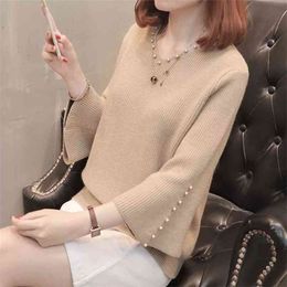 Fashion Beaded Trumpet Sleeve Sweater Women Loose V-neck Nine-point Solid Bottom Knitted Female Pullover Spring 210427