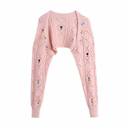 Elegant Women Floral Embroidery Sweaters Fashion Ladies Hollow Out Knitted Tops Streetwear Female Chic Pink Cardigans 210427