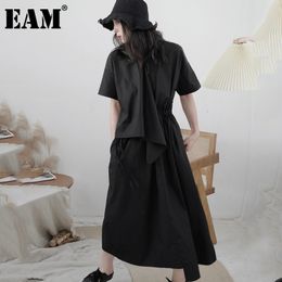 [EAM] Women Black Big Size Irregular Sashes Dress Lapel Short Sleeve Loose Fit Fashion Spring Summer 1DD7175 21512