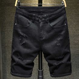 2020 New Summer White black Men Denim Shorts Slim Large size Casual Knee Length Short Hole Jeans Shorts For Men Bermuda X0601