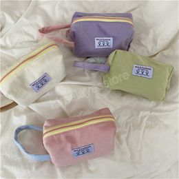 Korean Ins Contrast Colour Corduroy Cosmetic Bag with Wrist Band Female Change Clutch Bag Pillow Bag Student Pencil Case