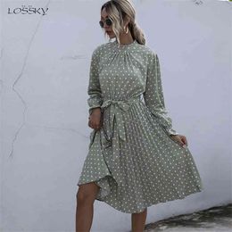 Woman Long Dress Autumn Spring Elegant Polka Dot Print Ruched Bow Dresses Casual Black Long Sleeve Trendy Clothes For Women 210409