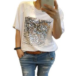 2021 Fashion Korean T Shirt for Women Loose Large Size Bamboo Cotton White Sequins Female Short Sleeve Top Y0629
