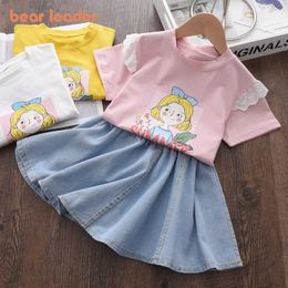 Bear Leader Girls Cartoon Print Clothing Sets Summer Kids Baby Lace T-shirt And Denim Skirt Outfits Children Casual Suits 2-6Y 210708