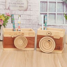 Retro Camera Double-layer Pen Holders Creative Desk Organiser Wooden Pen Pencil Case Holder Stand Learning Stationery Storage 210331