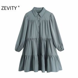 Autumn Women Fashion Turn Down Collar Solid Colour Pleats Shirt Dress Office Lady Chic Puff Sleeve Business Vestido DS4565 210420