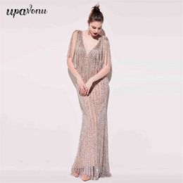 Free Autumn Women's Maxi Dress Sexy V-neck Tassel Sequin Bodycon Elegant Club Celebrity Banquet es 210524