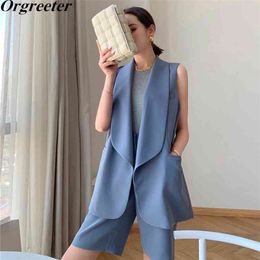 Chic Summer 2 Piece Set Women Elegant Sleeveless Lapel Cardigan Vest and Solid Suit Knee-length Pants OL Suits Female Outfits 210721