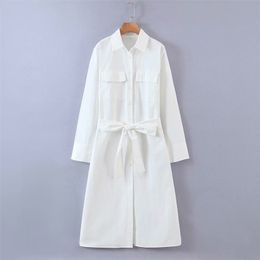 Women Autumn Casual Shirts Dress Pockets Long Sleeve Sashes Bow Tie White Female Elegant A-Line Dresses Clothes Vestidos 210513