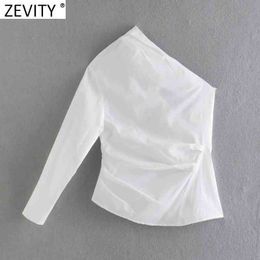 ZEVITY Women Fashion Single Shoulder White Asymmetric Smock Blouse Ladies Back Buttons Pleated Femininas Shirt Chic Tops LS9306 210419