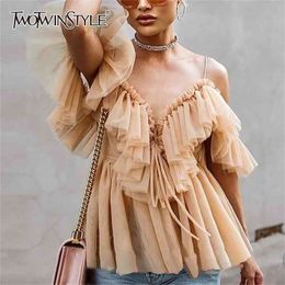 TWOTWINSTYLE Elegant T Shirt For Women V Neck Off Shoulder Tunic Mesh Bandage Tops Female Fashion Summer Clothes New 210407