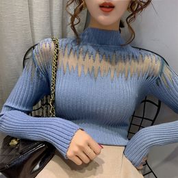 Korean Half-Collar Gold Lines Pink Sweater Long Sleeve Female Style Sexy Autumn Winter Mesh Thick Knitted 61C 210420