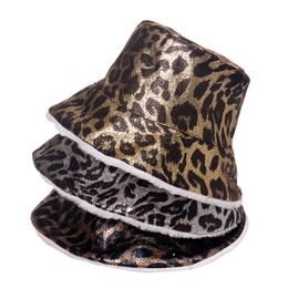 Double Side Wear Warm Bucket Hats Metal Leopard Print Winter Outdoor Gorros Panama Lamb Faux Fur Fluffy y Fisherman Caps Mens Hip Hop