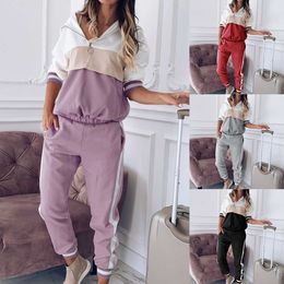 Patchwork casual women's sports suit autumn long sleeve pocket zipper hoodie + pants suit loose street wear sportswear sports Y0625