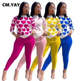 CM.YAYA Sportwear Women's Set Love Print Sweatshirt Jogger Pants Set Tracksuit Matching Two Piece Outfit Active Sweatsuit 210727