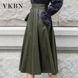 VKBN PU Leather Skirts for Women Casual High Waist Pleated Korean Style Spring Autumn Sexy Fashion Clothing 210507