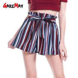 Womens Shorts Summer Lace Up Beach Wide Leg Female Loose Sexy Red Stripe Ruffle High Waisted For Women 210428