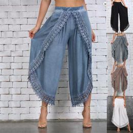 Pants Women Black High Waist Causal Plus Size Wide Leg Elastic Harem Lace Dance Elegant Trousers 210514