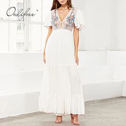 Summer Boho Women Maxi Short Sleeve See Through Floral Embroidery Long Beach Dress 210415
