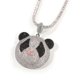 High Quality White Gold Plated Full Bling Iced Out CZ Panda Pendant Necklace for Men Women With 3mm 24inch Rope Chain