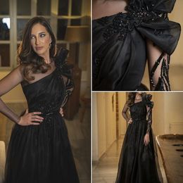 Saudi Arabia Black Evening Dress Long Sleeve Luxury Dubai Party Gowns Elegant Women Formal Prom Dresses 2021