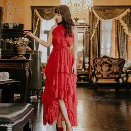 YOSIMI Summer Ladies Party Dress Red Chiffon Long Women Sleeveless Sexy Lady Female Vestido Maxi Elegant 210604
