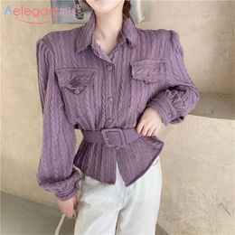 Aelegantmis Casual Korean Sashes Purple Blouse Shirt Women Soft Chic Twist with Belt Female Elegant Vintage Gary 210607
