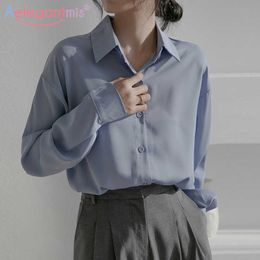 Aeleagntmis Korean Vintage Office Lady Blouse Women Soft White Shirts Elegant Chic Loose Casual Solid Long Sleeve Tops OL Spring 210607